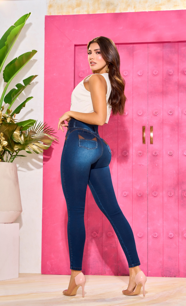 Jeans colombianos levantacola azul oscuro listos para vender por catálogo